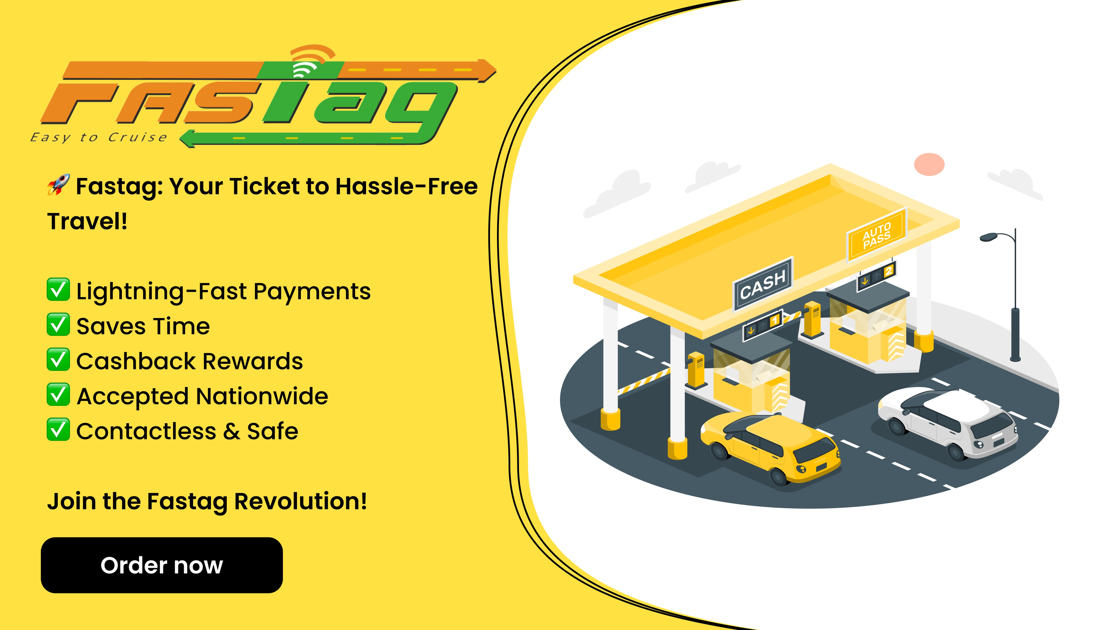Fastag advertisement with toll booth illustration and promotional text on a yellow background